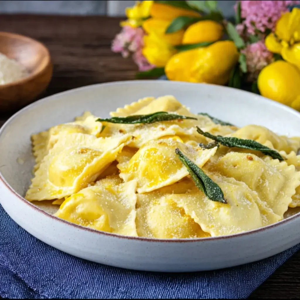 Lemon Ricotta Ravioli Recipe – A Bright and Creamy Homemade Pasta Delight 4 Lemon ricotta ravioli served with sage butter and parmesan