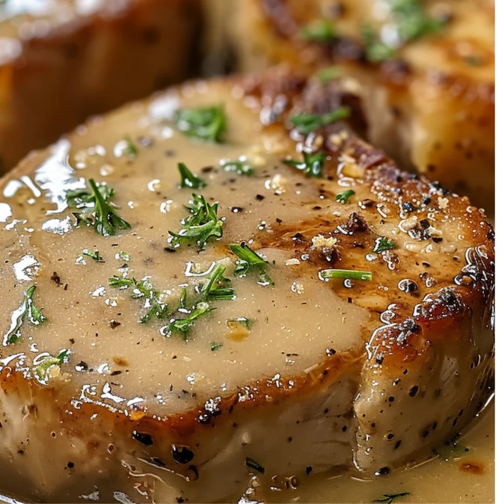 Smothered Pork Chops Crock Pot Recipe: Tender, Flavorful, and Easy to Make 4 A close-up of smothered pork chops in a rich, creamy sauce, garnished with fresh herbs and seasonings.