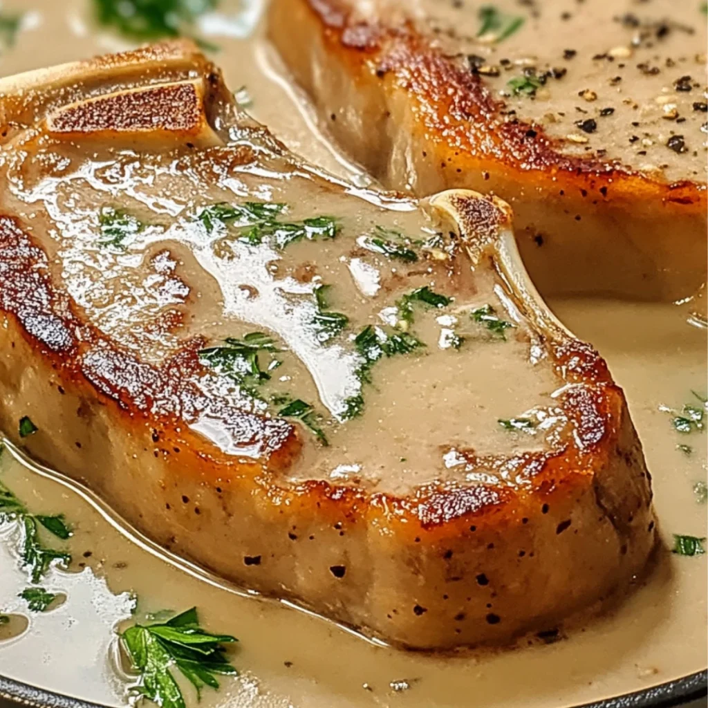 A close-up of smothered pork chops in a rich, creamy sauce, garnished with fresh herbs and seasonings.