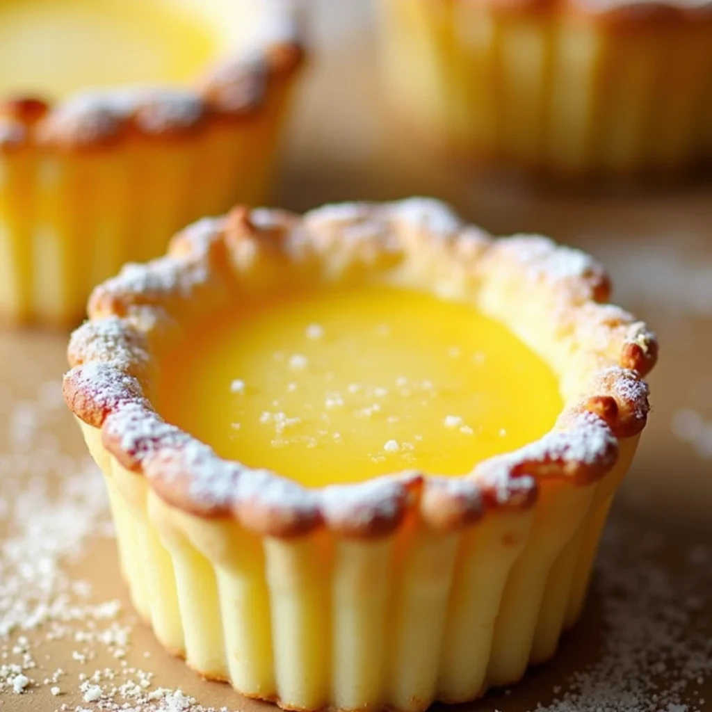Baby Lemon Impossible Pies Recipe: A Simple and Delicious Treat 6 A close-up of a Baby Lemon Impossible Pie recipe, with a golden crust and a vibrant lemon filling dusted with powdered sugar.