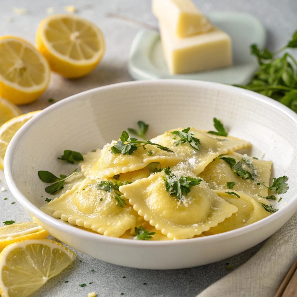 A plate of Ravioli ricotta cheese garnished with fresh parsley and a sprinkle of Parmesan cheese, surrounded by lemon slices.