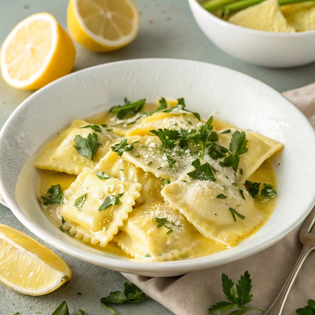 Lemon Ricotta Ravioli: A Delightful, Zesty Italian Dish 4 A plate of Lemon Ricotta Ravioli garnished with fresh parsley and a sprinkle of Parmesan cheese, surrounded by lemon slices.