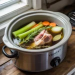 Bone Broth Soup Crock Pot: The Ultimate Guide to Delicious and Nutritious Homemade Bone Broth 3 A crock pot filled with ingredients for bone broth soup, including meat, vegetables, and herbs, ready to simmer.