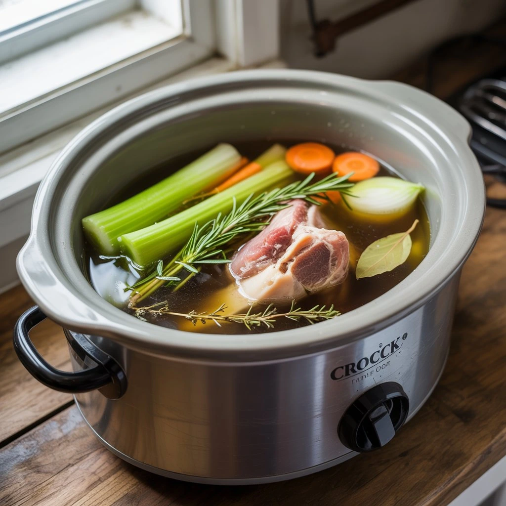 A crock pot filled with ingredients for bone broth soup, including meat, vegetables, and herbs, ready to simmer.