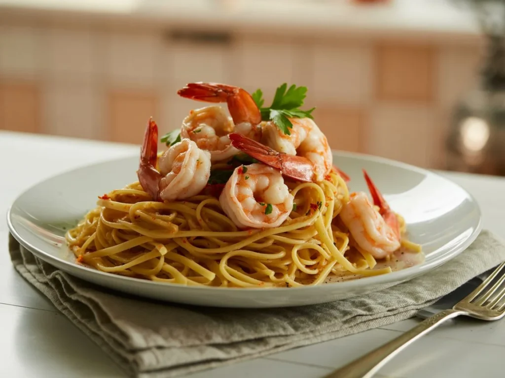 One Pot Shrimp Scampi Pasta Recipe with garlic and shrimp