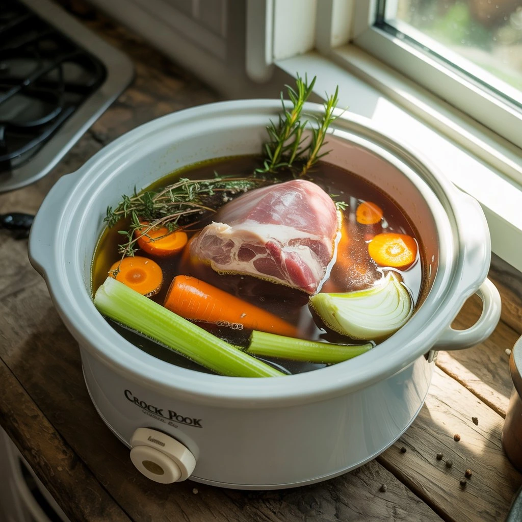 Bone Broth Soup Crock Pot: The Ultimate Guide to Delicious and Nutritious Homemade Bone Broth 4 A crock pot filled with ingredients for bone broth soup, including meat, vegetables, and herbs, ready to simmer.