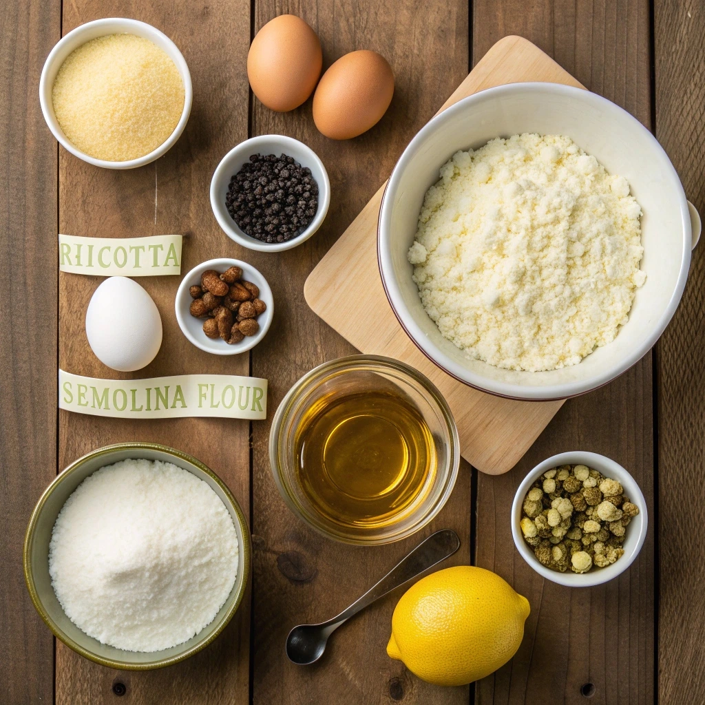 Ravioli Ricotta Cheese: How to Make Perfect Homemade Ravioli with a Creamy Ricotta Filling 4 Ingredients for Lemon Ricotta Ravioli, including ricotta cheese, semolina flour, eggs, lemon, and seasonings, neatly arranged on a wooden surface.
