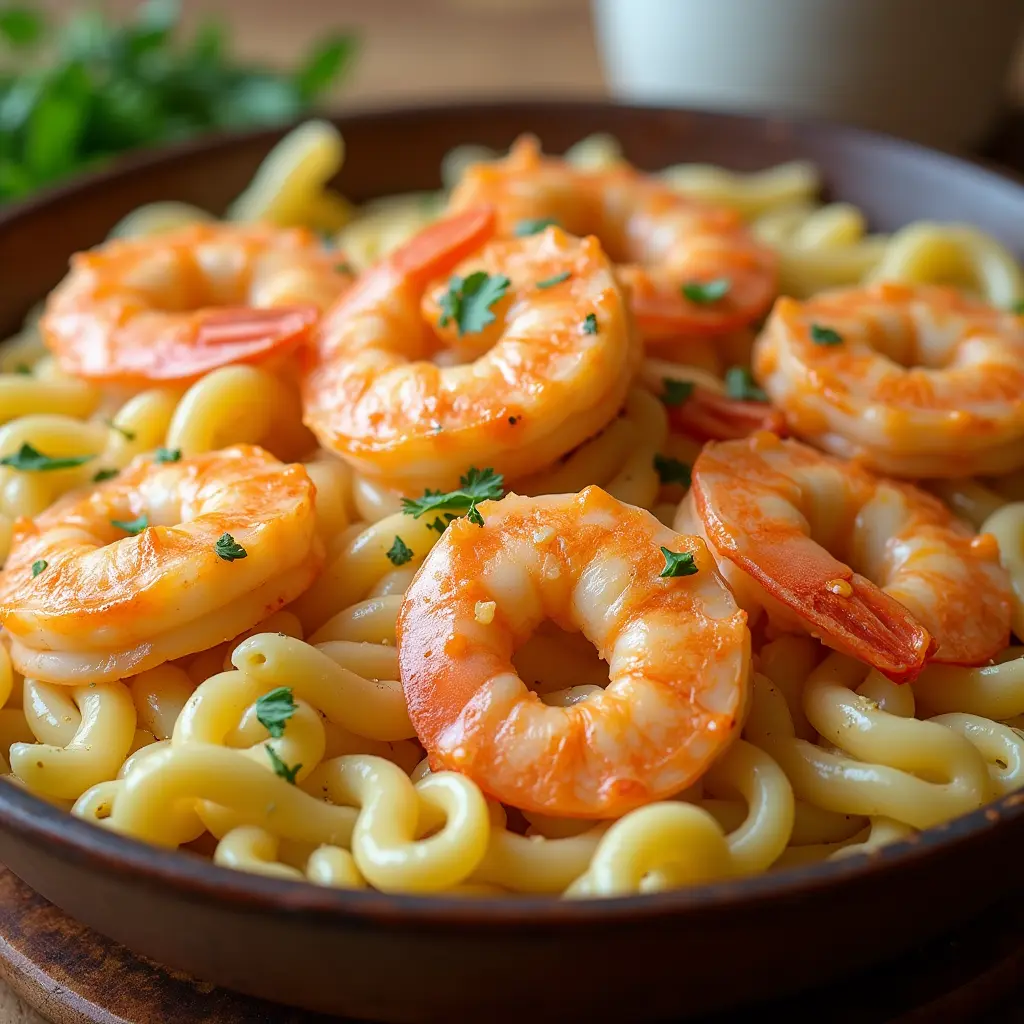 A close-up of a dish featuring shrimp and pasta, garnished with fresh herbs and a sprinkle of orange zest.