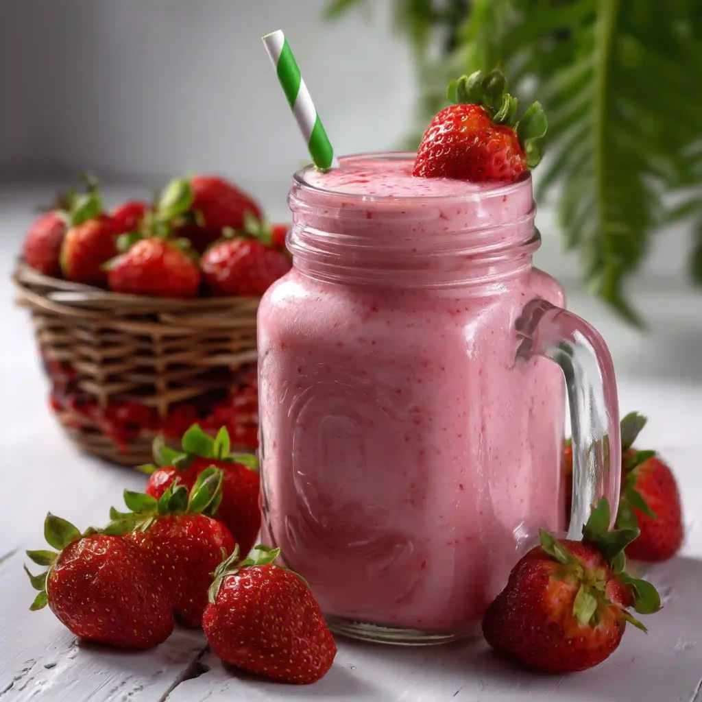 Acai Smoothie recipe (Healthy, Vegan, Easy) 6 jefafa 76866 A jar of pink milkshake with strawberries next to 173780cd aed0 450c a96a dad670613dbc