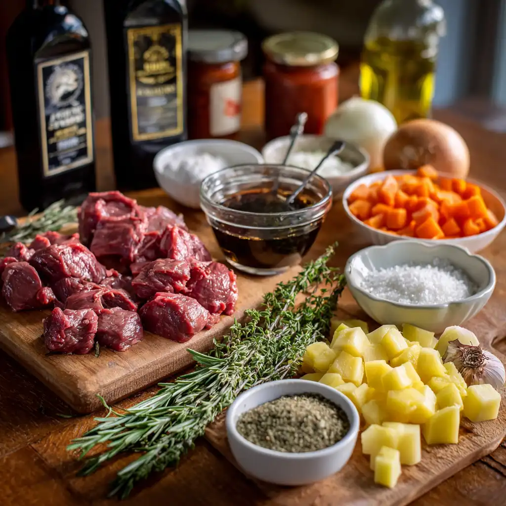 Easy venison slow cooker recipes 6 Fresh ingredients for making venison stew, including venison, vegetables, herbs, spices, and seasonings, neatly arranged on a wooden cutting board.