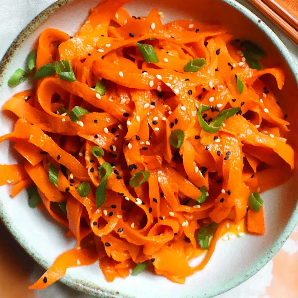 Easy Carrot Salad with Asian Dressing 4 Carrot ribbon salad Asian style topped .with sesame seeds and chopped scallions in a bowl