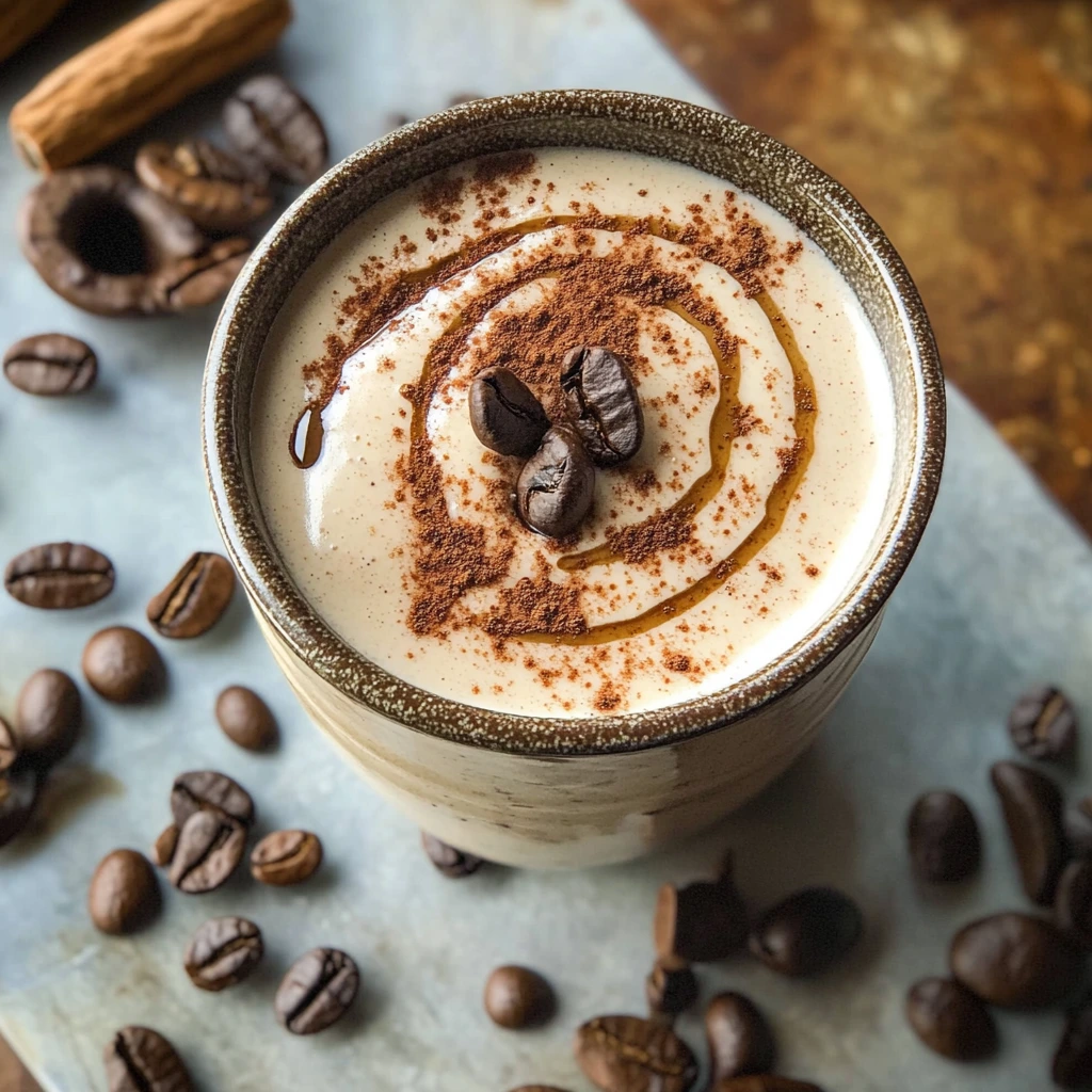Creamy tahini in coffee topped with cinnamon and coffee beans in a ceramic cup