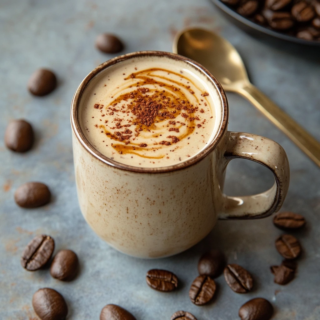 Tahini in Coffee: The Best Creamy Twist for a Healthier Cup 5 Creamy tahini in coffee topped with cinnamon and coffee beans in a ceramic cup