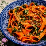 Cassie Viral Raw Carrot Salad 6 Cassie carrot ribbon salad with herbs and vinaigrette in a blue ceramic bowl