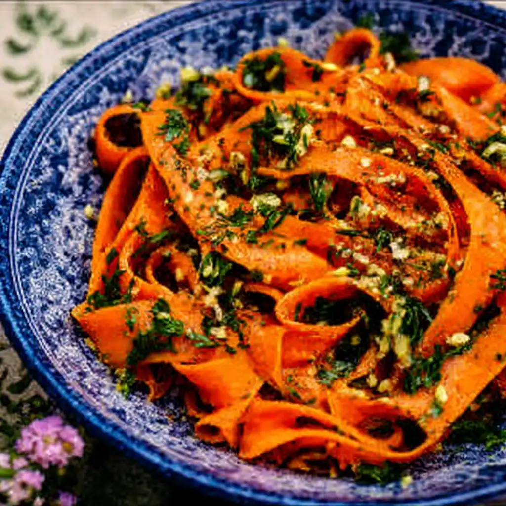 Cassie's Viral Raw Carrot Salad 4 Cassie carrot ribbon salad with herbs and vinaigrette in a blue ceramic bowl