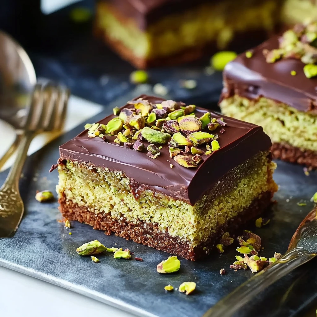 Pistachio Kunafa Dubai Chocolate Cake Bar – The Ultimate Dessert Craze 6 Pistachio kunafa Dubai chocolate cake bar with chocolate ganache and chopped pistachios on top