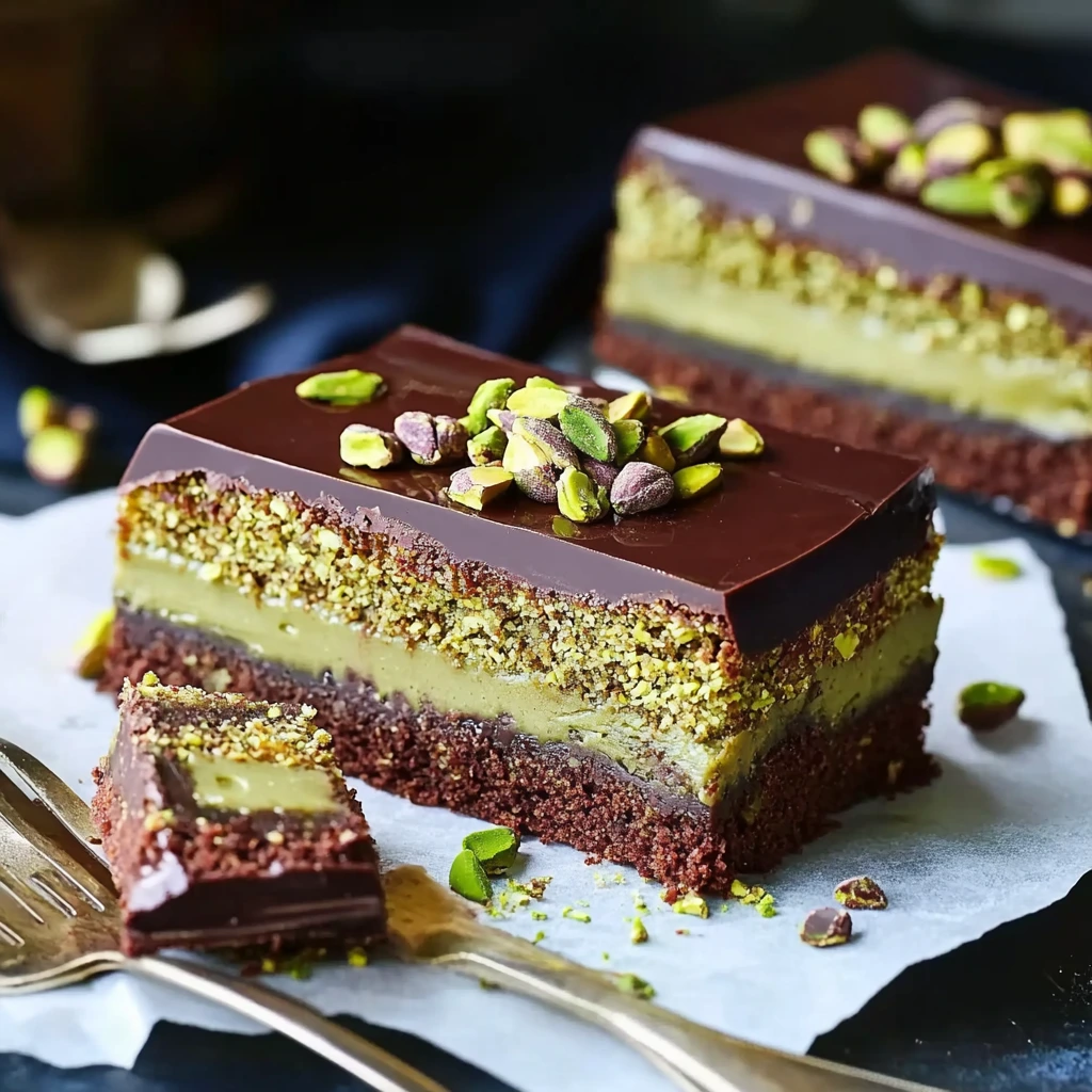 Pistachio Kunafa Dubai Chocolate Cake Bar – The Ultimate Dessert Craze 4 Pistachio kunafa Dubai chocolate cake bar with chocolate ganache and chopped pistachios on top