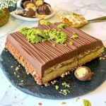 The viral Dubai chocolate bar cake sliced to show layers