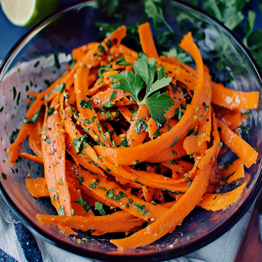 The Best Carrot Ribbon Salad 6 Fresh carrot ribbon salad garnished with parsley in a glass bowl