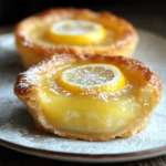 "Close-up of mini lemon impossible pies with a slice of lemon on top, showcasing the golden crust and lemony filling. Baby Lemon Impossible Pies with Condensed Milk."