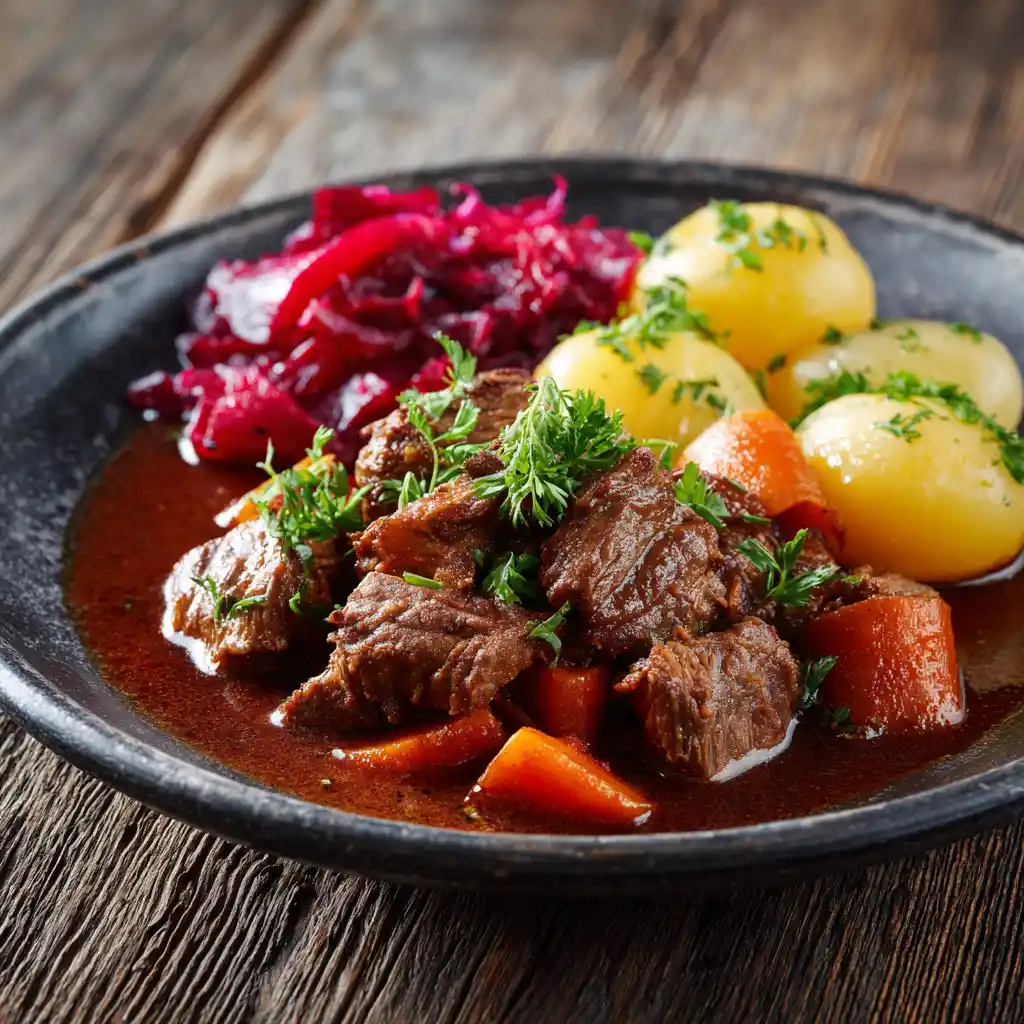 Easy venison slow cooker recipes 7 A plated venison stew accompanied by roasted potatoes and a side of pickled beets, garnished with fresh herbs.