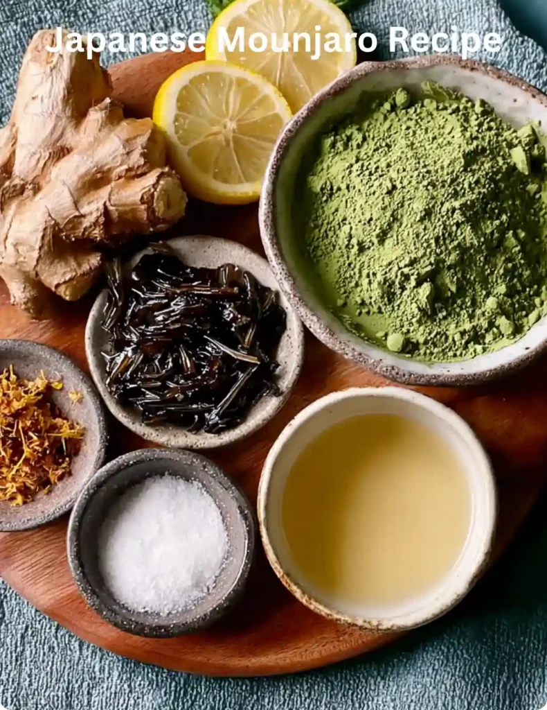 Japanese Mounjaro Recipe: Traditional & Natural Variations You Must Try 7 Fresh ginger, lemon slices, matcha powder, dried tea leaves, and honeycomb on a wooden tray, ingredients for making Japanese Mounjaro recipe