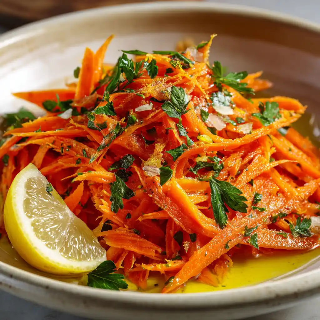 "Easy Carrot Salad Recipe: Quick, Healthy, and Delicious Side Dish for Busy Weeknights" 9 "Fresh and vibrant easy carrot salad with grated carrots, olive oil, lemon juice, Dijon mustard, and fresh herbs, served in a white plate."