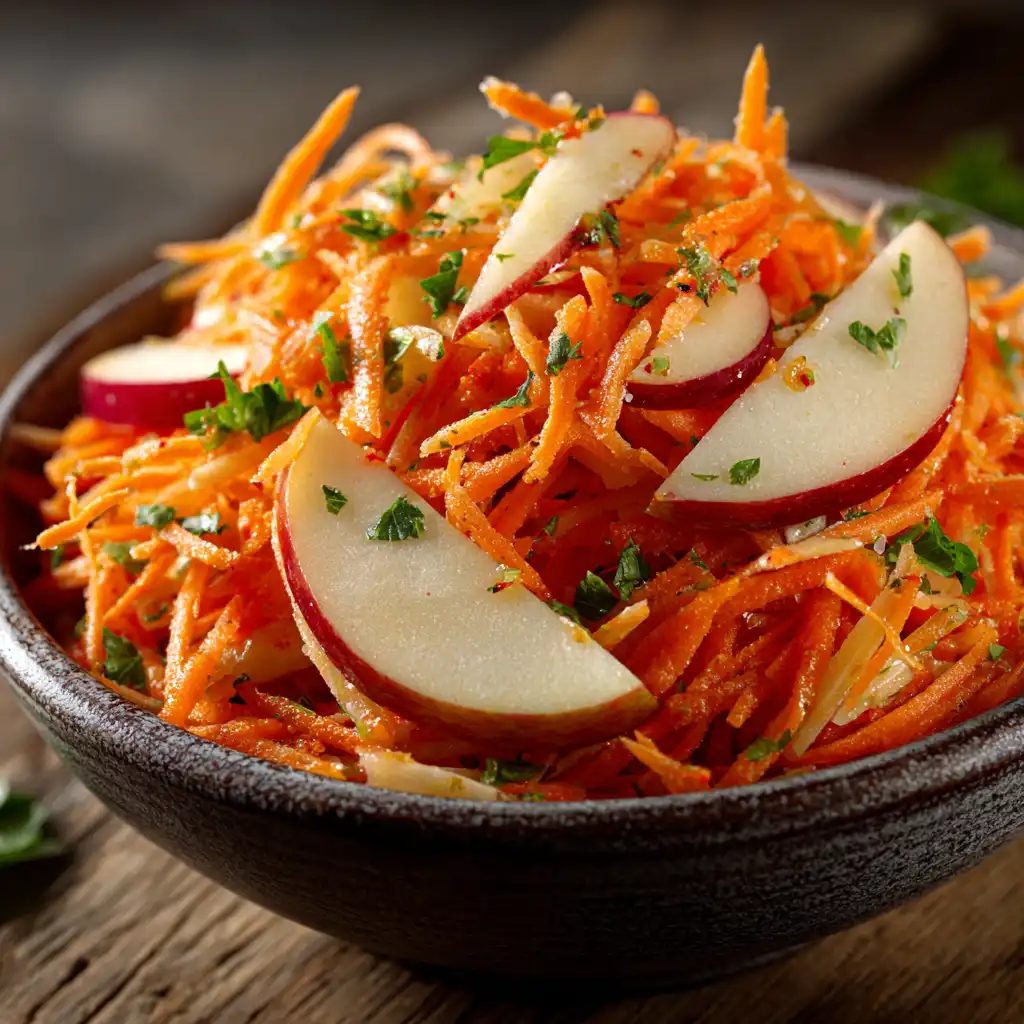 Carrot and Apple Salad: Healthy Recipes for Every Taste 5 Carrot and apple salad with grated carrots, sliced apples, and vinaigrette dressing..