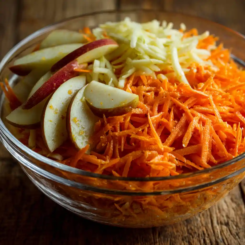 Carrot and Apple Salad: Healthy Recipes for Every Taste 7 Carrot and apple salad with grated carrots, sliced apples, and vinaigrette dressing...