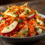 Carrot and apple salad with grated carrots, sliced apples, and vinaigrette dressing.