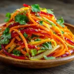 "Fresh carrots sliced into ribbons for Cassie’s Carrot Ribbon Salad, showcasing vibrant orange color and delicate texture.