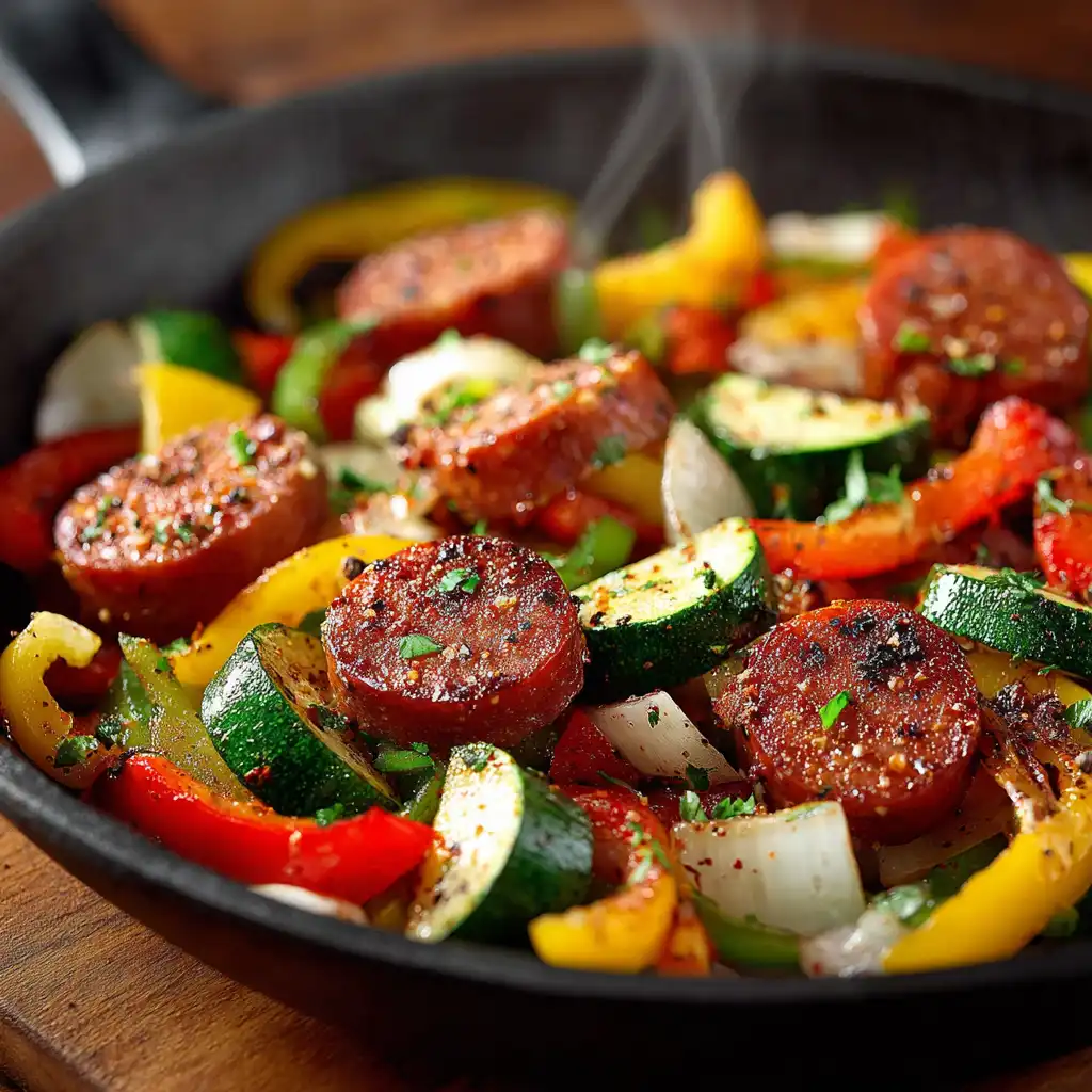 EASY KILBASA SAUSAGE RECIPES 6 Close-up of kilbasa sausage slices with bell peppers, zucchini, and onions in a skillet, garnished with paprika..