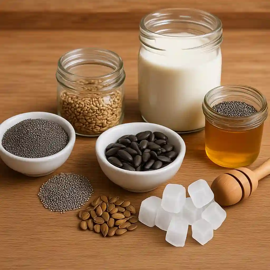 Easy Bariatric Seed Recipe for Weight Loss 7 "Bariatric seed drink recipe ingredients: chia seeds, flaxseeds, pumpkin seeds, almond milk, and honey."