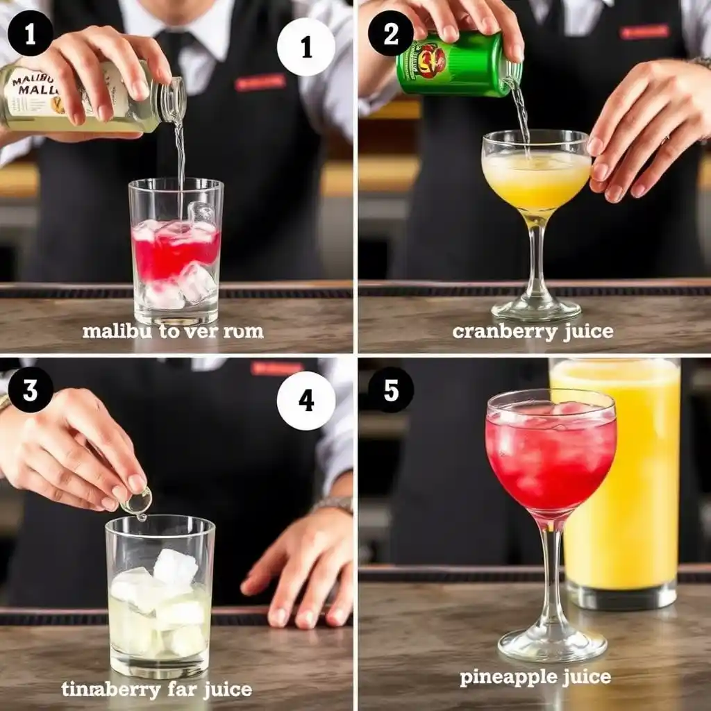 Malibu Bay Breeze Cocktail : How to Make the Perfect Tropical Drink 9 Making Malibu Bay Breeze cocktail by pouring ingredients into glass