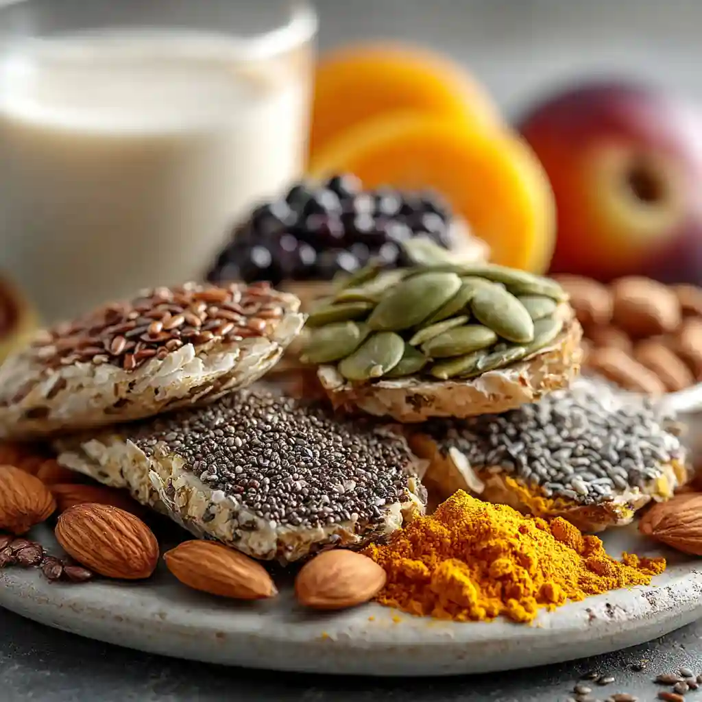 Easy Bariatric Seed Recipe for Weight Loss 5 "Bariatric seed recipe for weight loss featuring chia, flax, and pumpkin seeds with fresh fruits and almond milk."