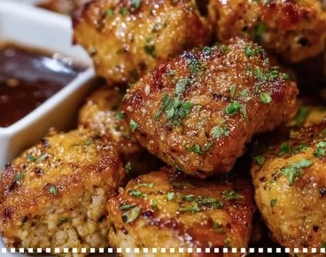 Air fryer pork chop bites served with dipping sauce