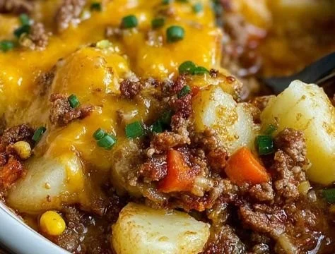 Amish Harvest Casserole prepared in a rustic dish, featuring ingredients like potatoes and vegetables.