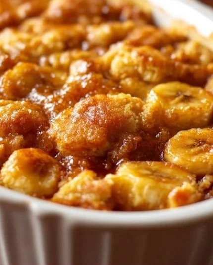 Delicious homemade banana cobbler served in a baking dish