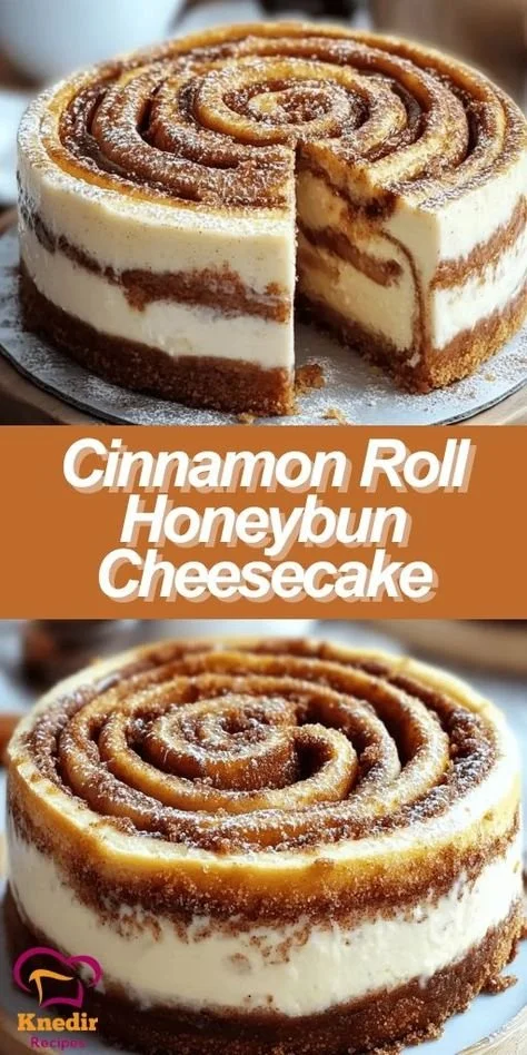 Delicious sliced Cinnamon Roll Honeybun Cheesecake topped with cinnamon icing.