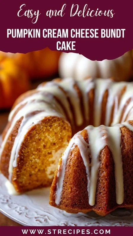 Sliced dreamy pumpkin cream cheese bundt cake topped with cream cheese frosting