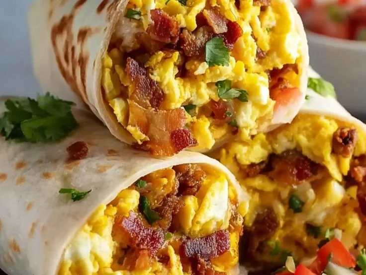 Delicious freezer breakfast burritos ready to be heated and enjoyed.