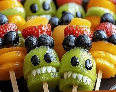 Colorful fun monster fruit skewers decorated for a kids' party