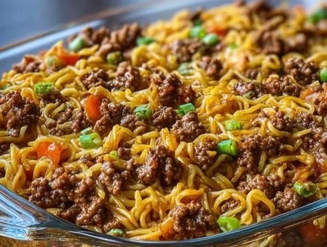 Delicious Grandma’s Ground Beef Chow Mein Casserole served in a baking dish