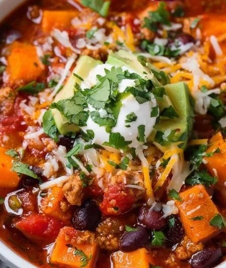 Bowl of healthy sweet potato turkey chili topped with herbs and served with bread.