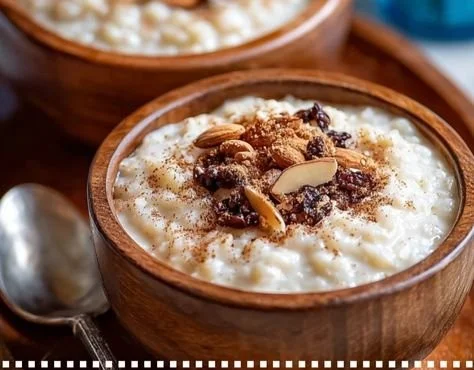 Delicious healthy vegan rice pudding topped with cinnamon and fruits