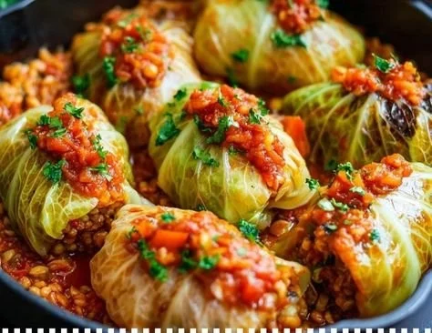 Lentil and Rice Stuffed Cabbage Rolls served on a plate