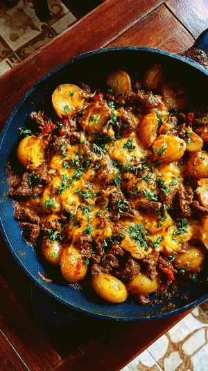 Cheesy One-Pot Beef and Potato Skillet