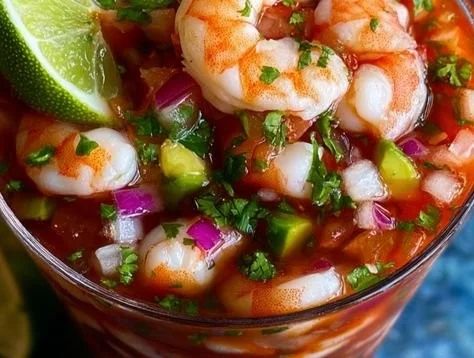 Vibrant Mexican shrimp cocktail garnished with fresh vegetables and lime