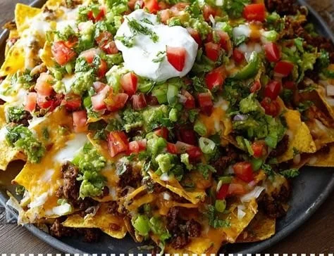 Oven-baked nachos topped with cheese and toppings, perfect for sharing.