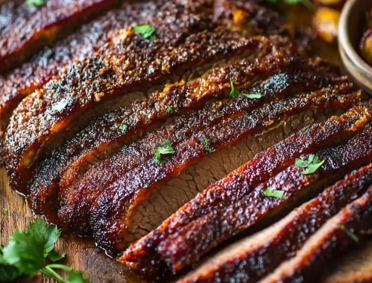 Oven-Baked Texas-Style Brisket served on a platter with sides.